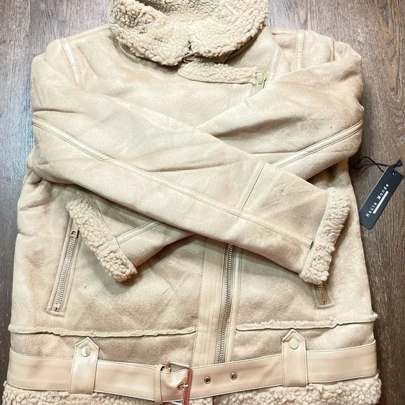 TAUPE BROWN FAUX FUR SUEDE MOTO JACKET BIKER COAT - Picture 10 of 14